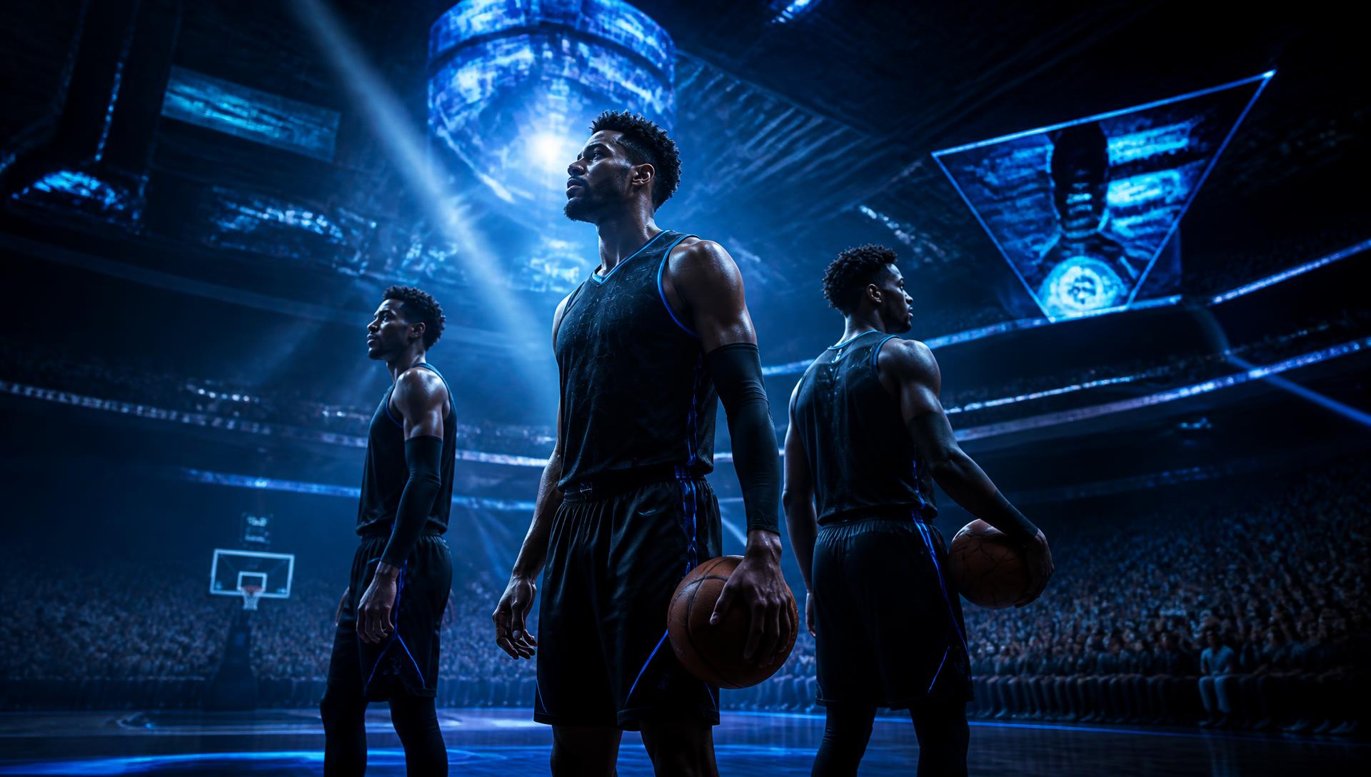Velocity athletes on court inside a futuristic arena